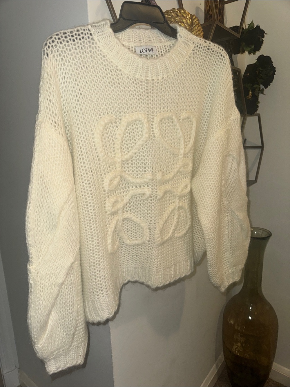Designer Inspired Cream Open Knit Crewneck Sweater with Raised Anagram